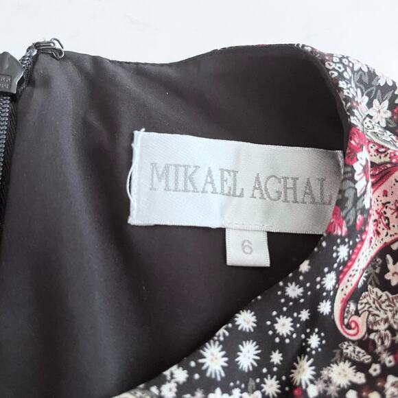 Mikael Aghal Pleated Printed Black Long Sleeve Crepe de Chine Maxi Dress Size 6 - Picture 8 of 10